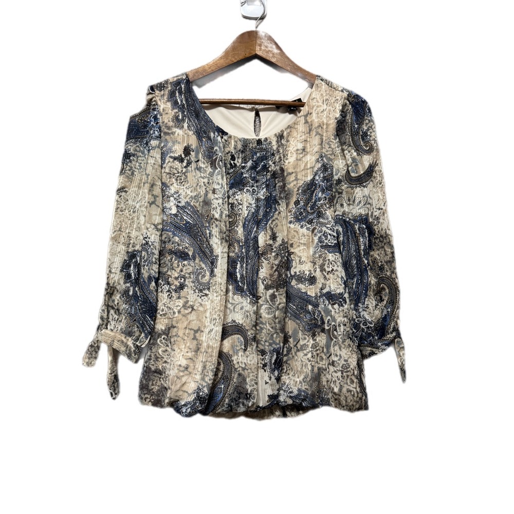 Roz & Ali Paisley Blouse‎ Womens Medium Blue Tan Excellent Metallic Tie Sleeve